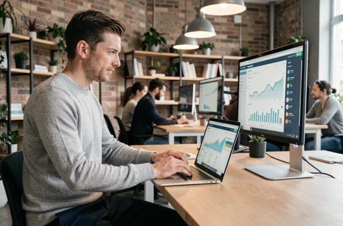 Entrepreneur travaillant sur des tableaux de bord de services aux entreprises dans un espace de co-working moderne