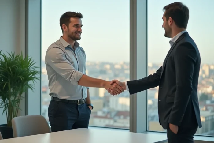 Entretien d'embauche professionnel dans un bureau moderne à Marseille, poignée de main entre candidat et recruteur