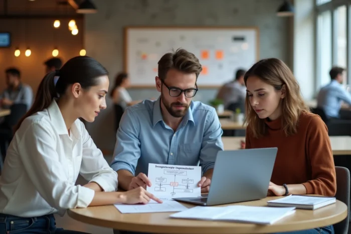 Équipe de professionnels collaborant sur l'intégration d'outils alternatifs dans un espace de coworking