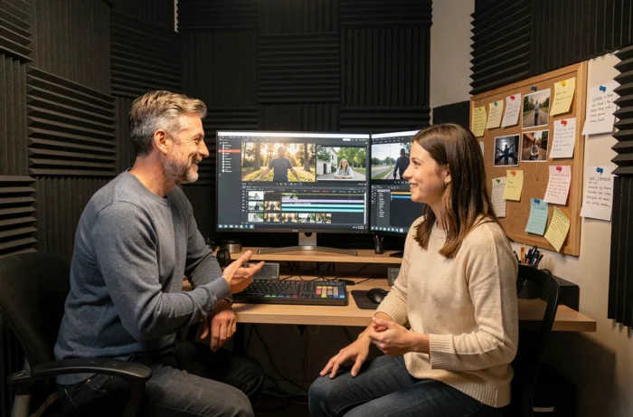 Équipe de production vidéo en post-production révisant un montage sur un écran d'étalonnage dans une suite professionnelle