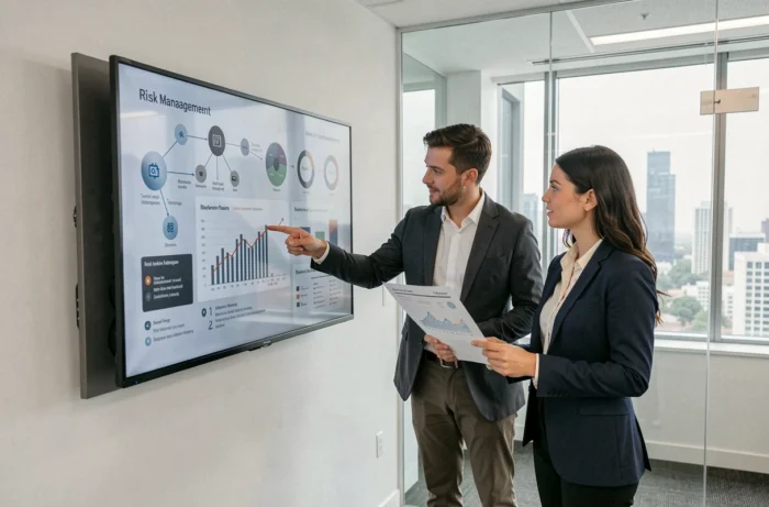 Deux collègues analysant des diagrammes blockchain sur un grand écran dans un bureau professionnel moderne