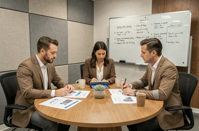 Équipe de professionnels collaborant autour d'une table de réunion sur la stratégie de services aux entreprises