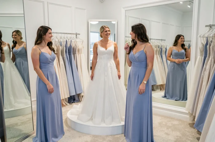Trois femmes dont deux demoiselles d'honneur mariées essayant des robes dans une boutique de mariage, reflétées dans un grand miroir
