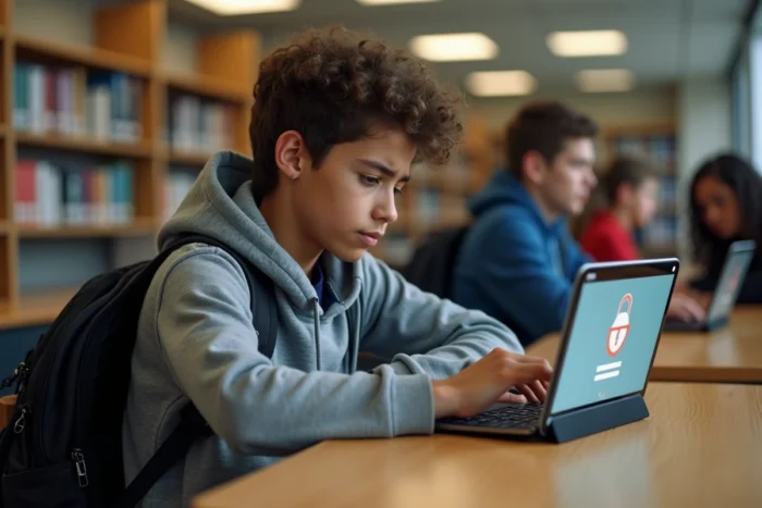 Étudiant lycéen utilisant une tablette pour résoudre un problème de connexion sur One Connect Home Educ dans une bibliothèque scolaire
