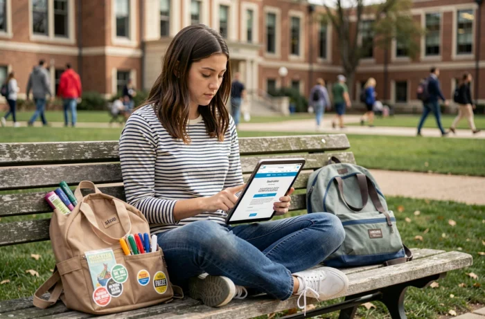 Étudiante assise sur un banc de campus consultant une tablette pour obtenir des goodies gratuits avec son sac rempli de cadeaux promotionnels