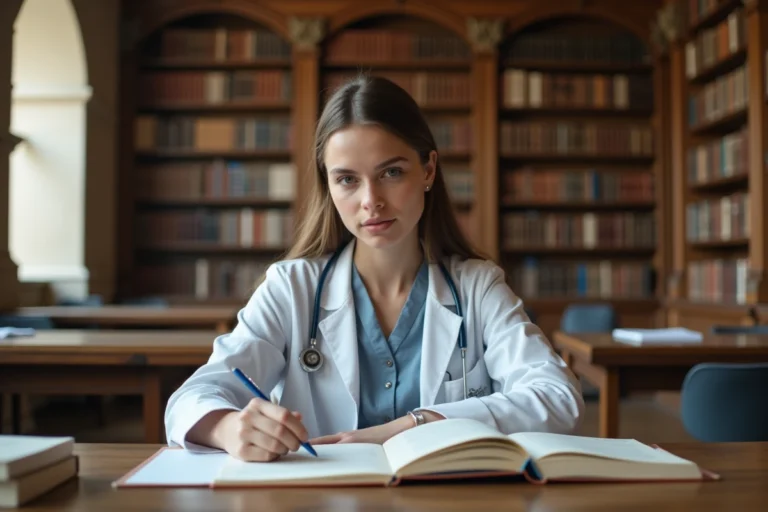 Étudiante en médecine révisant ses cours dans une bibliothèque universitaire française pour préparer l'ECN