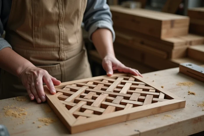 Artisane assemblant à la main un moucharabieh bois DIY avec des pièces géométriques en chêne dans un atelier de menuiserie