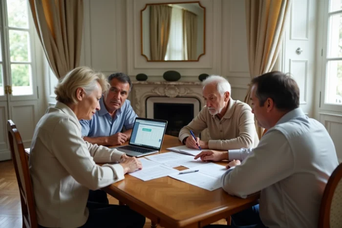 Famille française réunie autour d'une table pour discuter d'une transmission de patrimoine et des exonérations fiscales prévues par le CGI