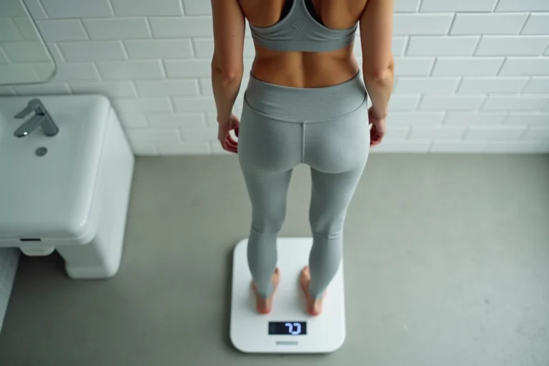 Femme mesurant 1m62 debout sur une balance numérique dans une salle de bain moderne pour évaluer son poids idéal