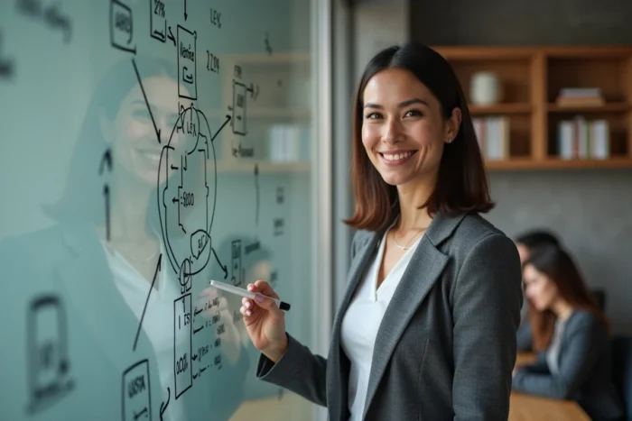 Femme d'affaires présentant une stratégie de diversification blockchain sur tableau blanc en espace de coworking