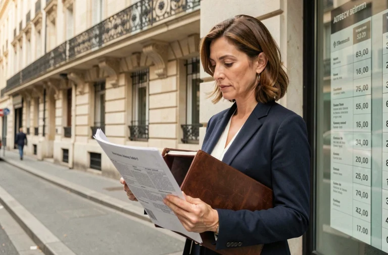 Femme consultant des annonces immobilières devant une agence parisienne aux façades haussmanniennes