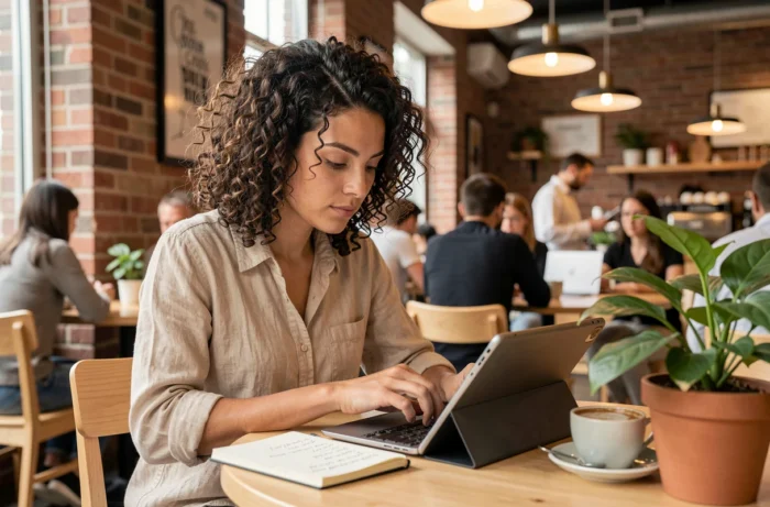Une femme prenant des notes sur la blockchain dans un café moderne avec une tablette et un carnet