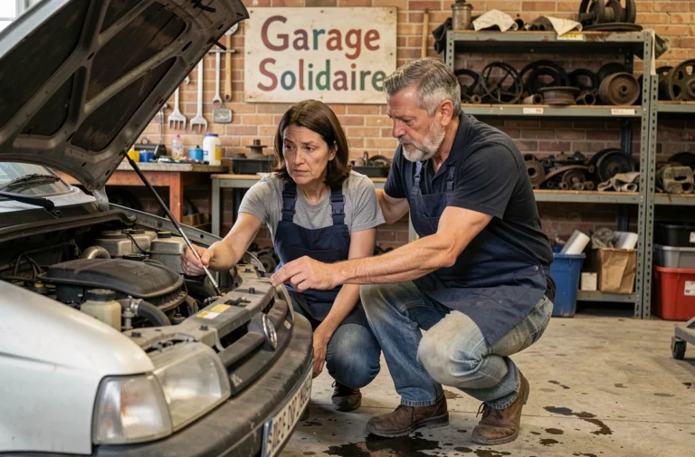 Une femme apprenant à réparer sa voiture dans un garage solidaire avec l'aide d'un mécanicien bénévole