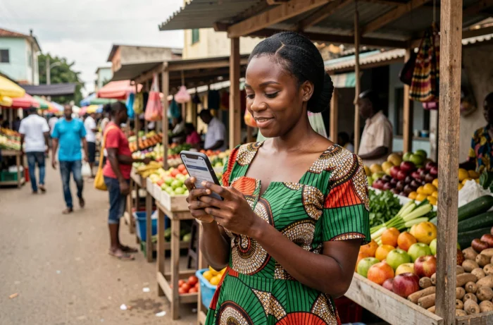 Femme commerçante utilisant Wave Money pour obtenir un prêt rapide depuis son téléphone au marché