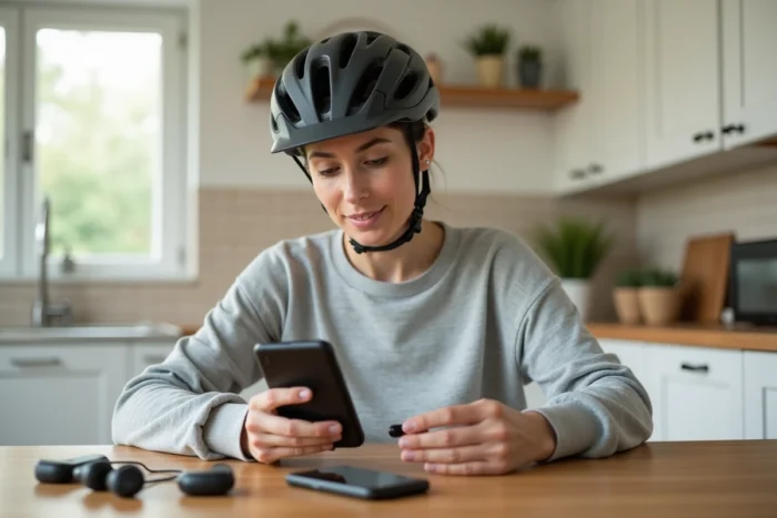 Femme configurant son intercom de vélo à la maison sur une table en bois