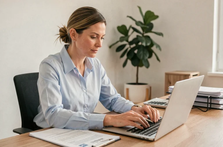 Femme professionnelle remplissant un formulaire Cerfa en ligne sur son ordinateur portable dans un bureau à domicile bien organisé