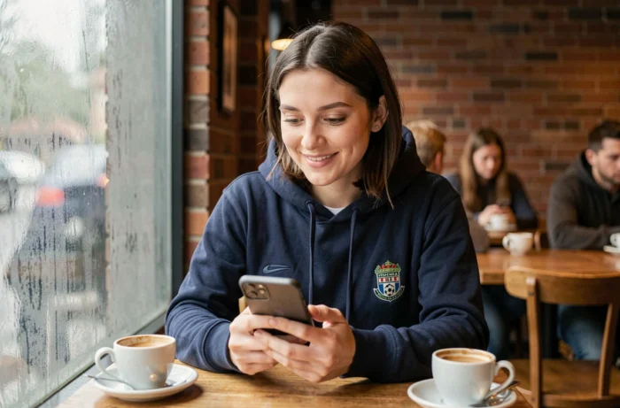 Femme consultant un forum de supporters du Stade Brestois 29 sur son smartphone dans un café