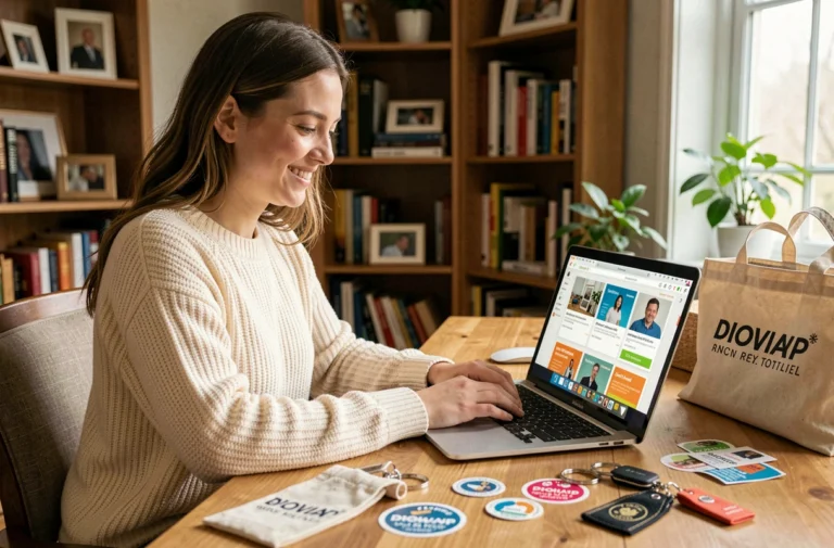 Jeune femme souriante naviguant sur un ordinateur portable pour trouver des goodies gratuits en ligne depuis son bureau à domicile