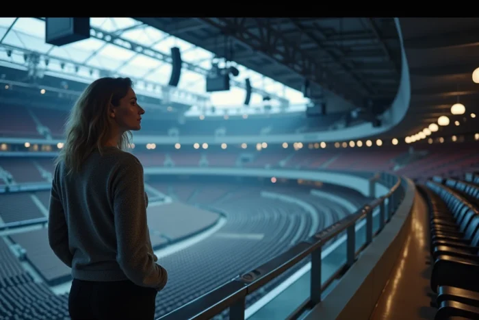 Femme adulte observant depuis le gradin supérieur de l'Accor Arena les systèmes de sonorisation suspendus au-dessus de la scène pour évaluer la qualité acoustique