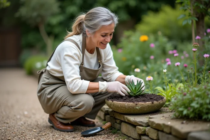 Femme en tablier de jardinage en train de planter un sempervivum dans une auge en pierre posée sur un muret de jardin