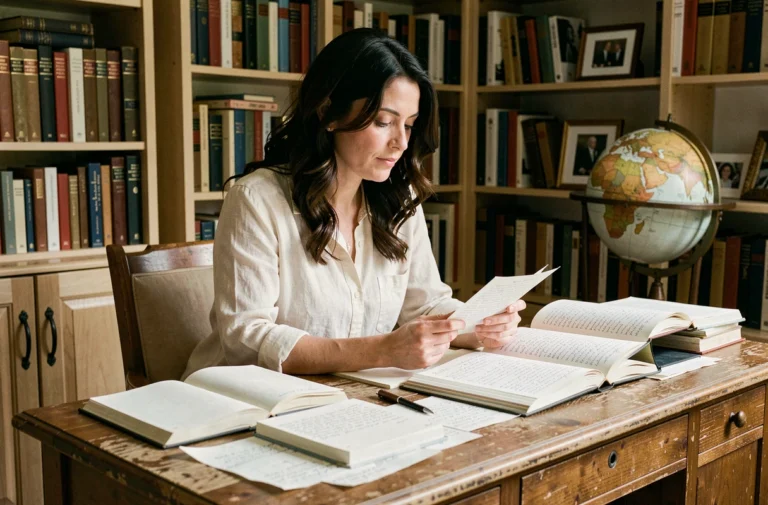Femme lisant un manuscrit entouré de livres et de pages écrites à la main dans un bureau littéraire chaleureux