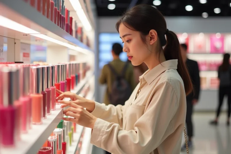 Jeune femme parcourant des produits de maquillage dans un magasin de cosmétiques, comparant des rouges à lèvres colorés sur un présentoir blanc