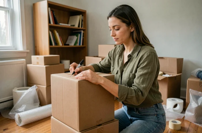 Femme organisant ses cartons de déménagement dans un salon en cours de démontage, étiquetant ses affaires avec soin