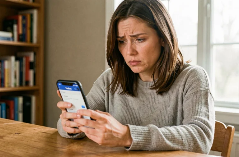 Femme consultant les paramètres de confidentialité Facebook sur son smartphone pour accéder à la liste des profils bloqués