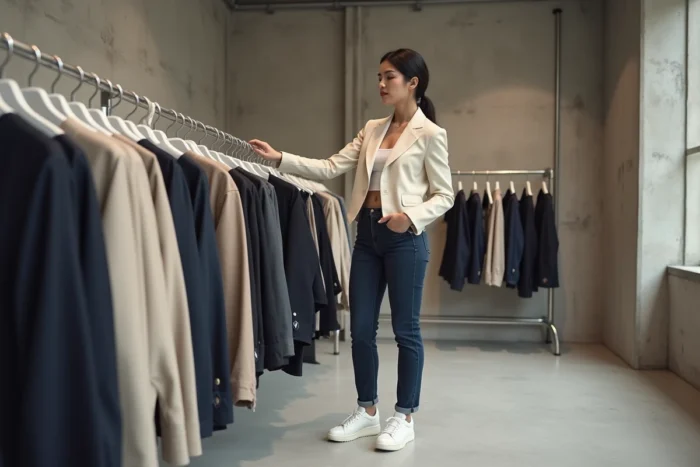 Femme de petite taille en jean slim marine et blazer court écru dans un concept store parisien minimaliste, astuces mode pour sublimer la silhouette
