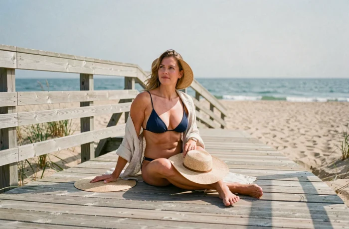 Femme assise sur une promenade en bois au bord de la mer portant un bikini bleu marine et un chapeau de paille, regard vers l'horizon