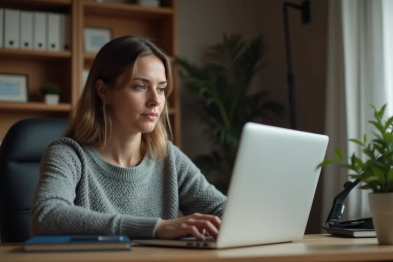 Femme en télétravail résolvant un problème d'authentification sur One Connect avec Home Educ sur son ordinateur portable