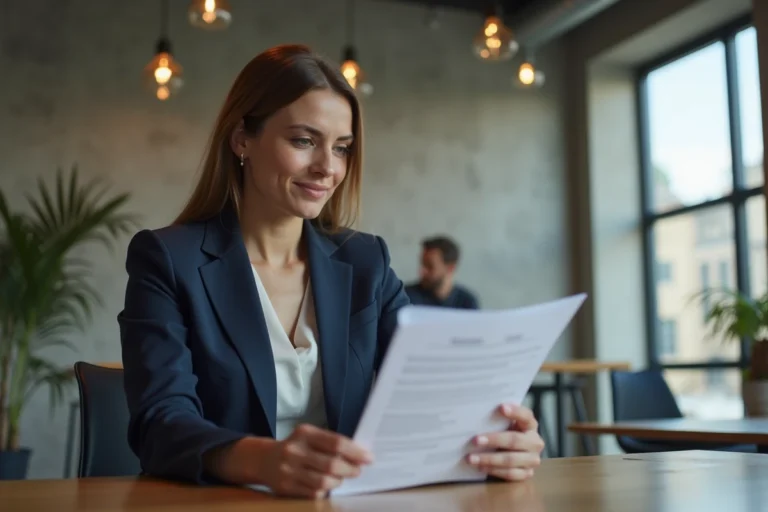 Femme professionnelle consultant son CV dans un espace de coworking à Marseille pour trouver un emploi en 2024