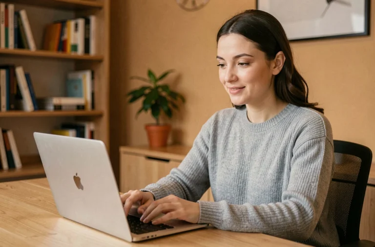 Femme consultant une plateforme d'emploi en ligne sur son ordinateur portable dans un bureau à domicile