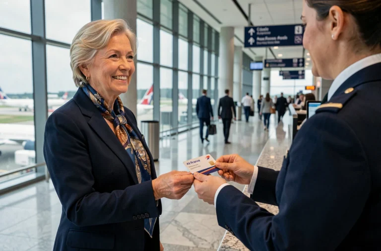 Femme senior souriante présentant sa carte fidélité Air France au comptoir d'enregistrement d'un aéroport international