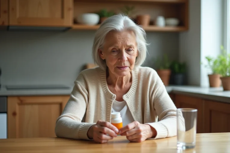 Femme senior lisant attentivement la notice d'un complément alimentaire Azinc Senior à la cuisine