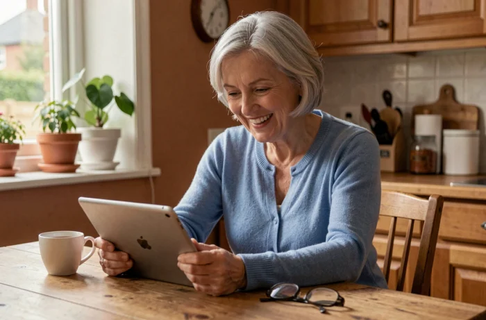 Femme senior souriante consultant une tablette numérique pour découvrir des offres adaptées aux aînés