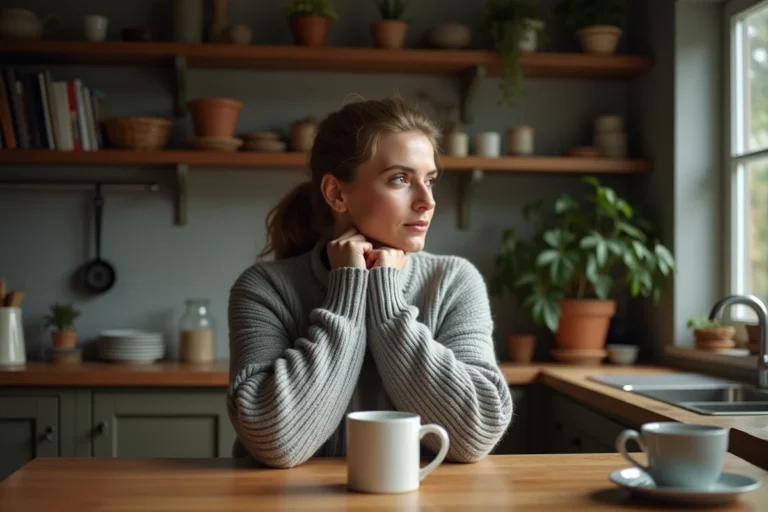 Femme songeuse au réveil tenant une tasse de café, perdue dans ses pensées après un rêve troublant sur la maladie