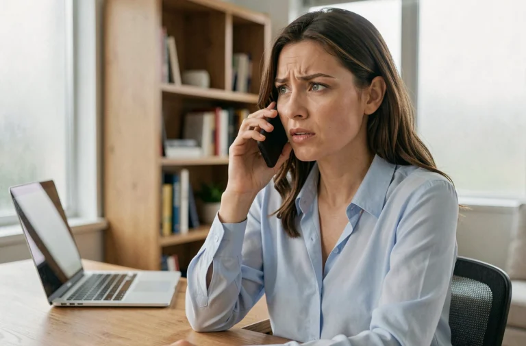 Femme au téléphone contactant le service client Ouigo depuis son bureau à domicile