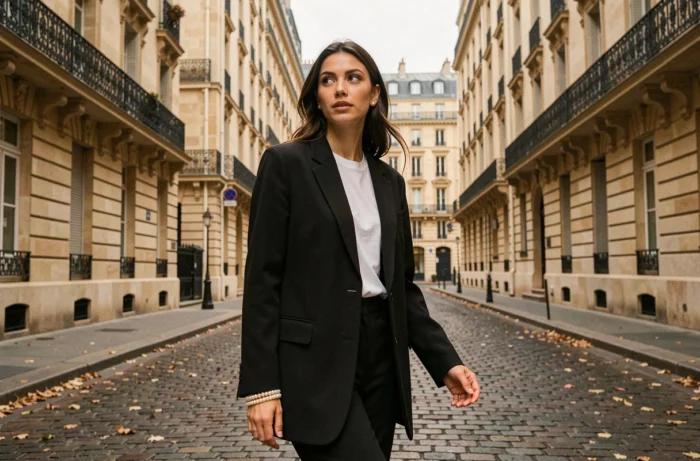 Femme tendance en blazer noir avec bracelet de perles et boucles d'oreilles perles dans une rue pavée parisienne en automne