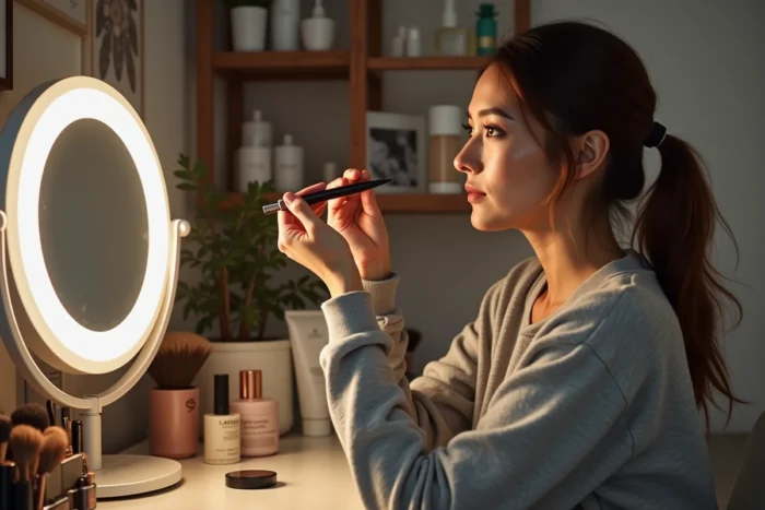 Femme appliquant du mascara devant un miroir de vanité entouré de produits de maquillage et cosmétiques organisés dans une chambre cosy