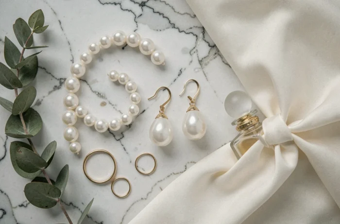 Flat lay élégant de perles baroques, boucles d'oreilles en perles dorées et accessoires de luxe sur marbre blanc pour un édito mode 2025
