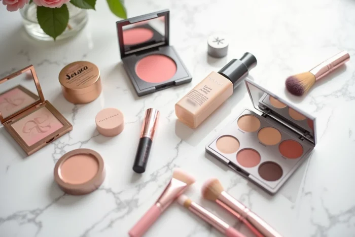Flat lay de produits de maquillage variés disposés sur une surface en marbre blanc, incluant palettes, fonds de teint et rouges à lèvres