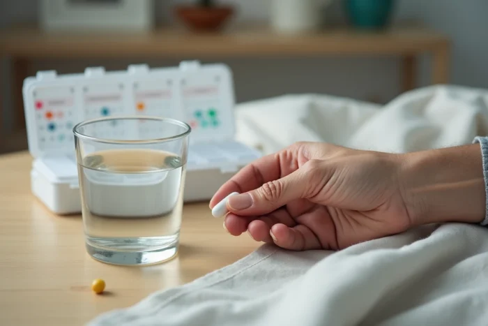 Gros plan sur une main de senior tenant une capsule de complément alimentaire avec un organisateur de pilules en arrière-plan