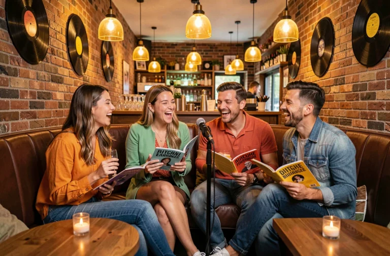 Groupe d'amis chantant dans un restaurant karaoké animé de Lyon avec décoration chaleureuse en brique et bois