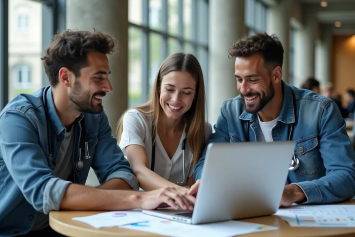 Groupe d'étudiants en médecine comparant le classement des facultés françaises sur un ordinateur portable