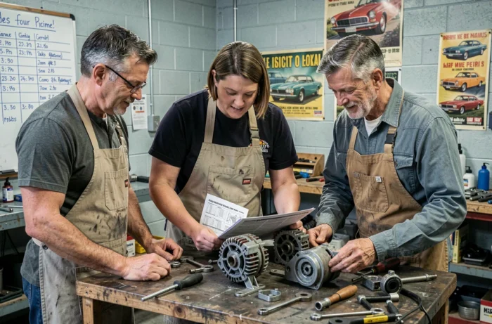 Groupe de participants étudiant ensemble une pièce automobile dans un garage solidaire associatif