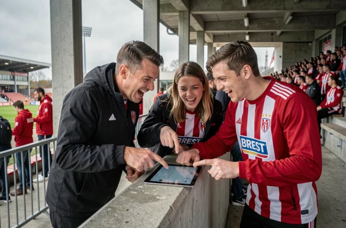 Groupe de supporters du Stade Brestois 29 consultant un forum sur tablette devant le stade