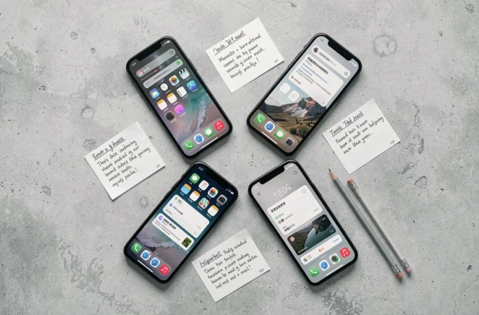 Comparatif à plat de quatre smartphones posés sur béton avec fiches de notes éditoriales