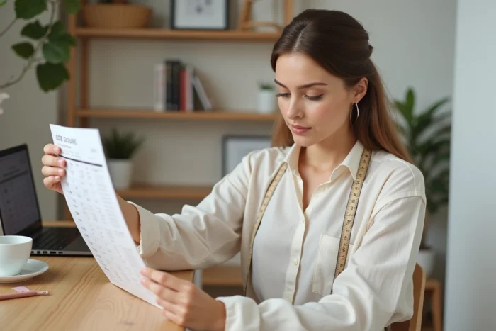 Femme consultant un guide des tailles H&M avec un mètre ruban pour prendre ses mesures