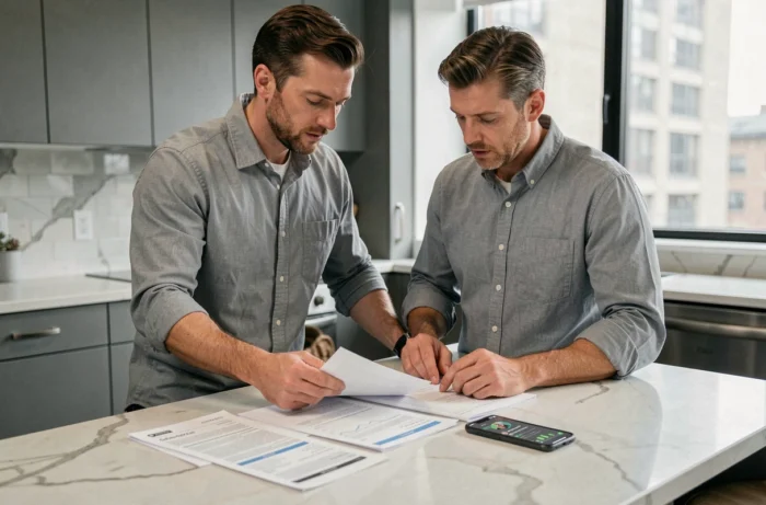 Homme analysant des relevés bancaires et documents financiers dans une cuisine moderne
